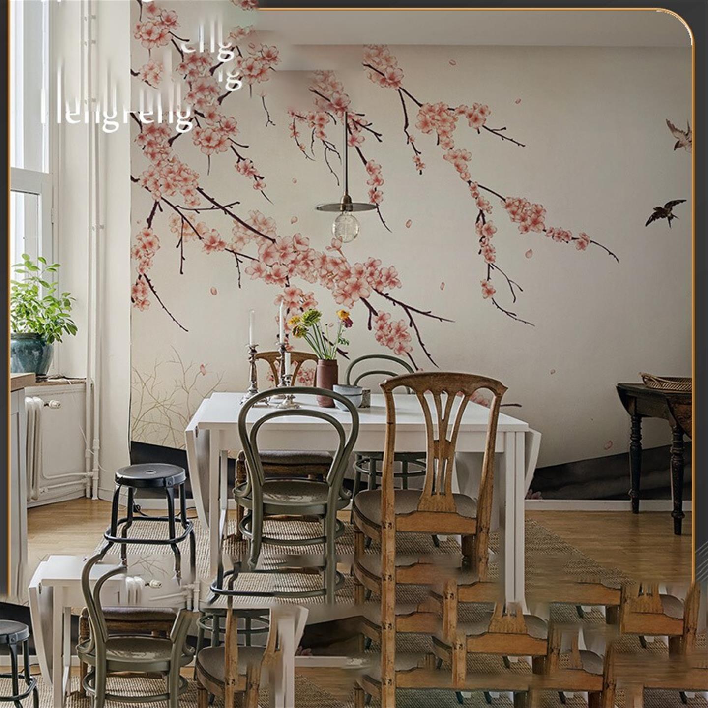 工笔花鸟新中式壁纸餐厅饭店墙纸无纺布墙布电视背景定制壁画轻奢