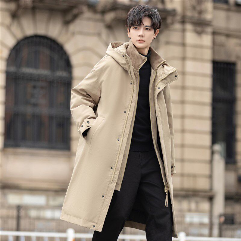 连帽男士羽绒服大衣冬季装2025新款加厚保暖双层领风衣中长款外套