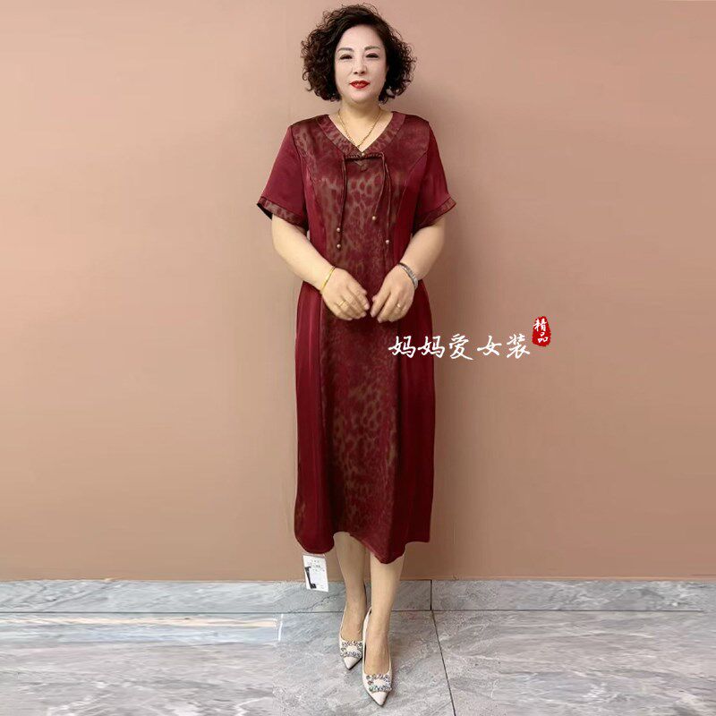 中老年妈妈真丝连衣裙夏季新款撞色设计国风短袖旗袍裙显瘦长裙子