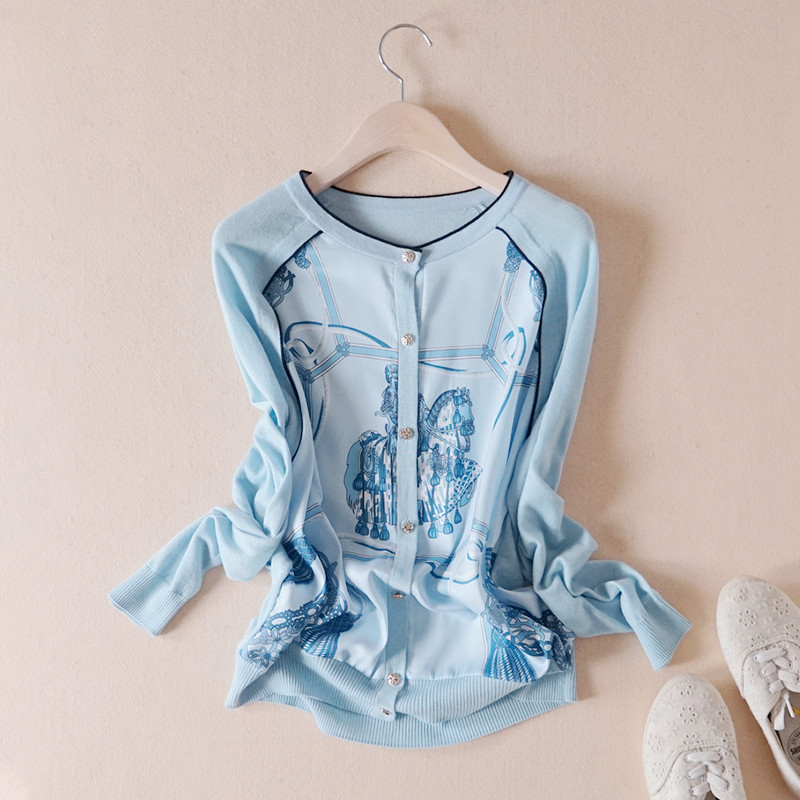 小清新减龄缎面印花双拼长袖红色针织宽松薄款开衫春秋新款上衣女