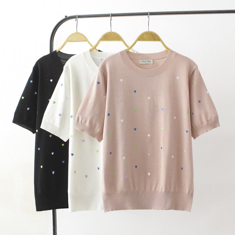 胖妹妹针织衫女宽松大码短袖上衣夏洋气彩色爱心刺绣圆领冰丝t恤
