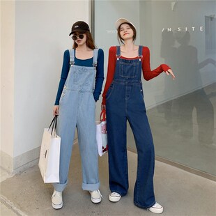 时尚背带阔腿牛仔裤女2023年新款春秋高腰宽松垂感拖地直筒长裤子