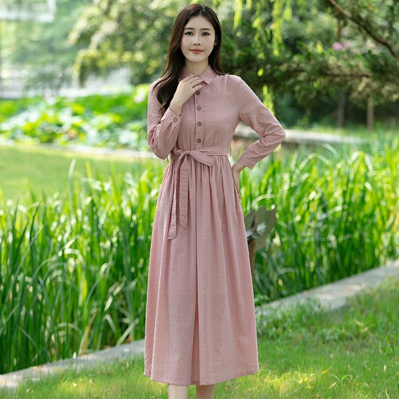 2024早秋新款复古文艺纯棉剪花素色连衣裙女修身显瘦透气长袖长裙