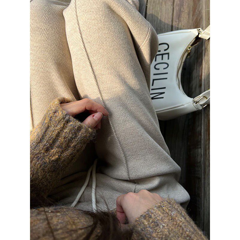 毛呢直筒裤女秋冬高腰垂感窄版阔腿裤休闲人字纹加厚灰色西装长裤