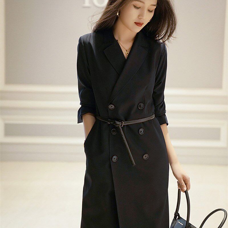 胖mm大码设计感西装连衣裙藏青中长款收腰显瘦职业西服长裙200斤