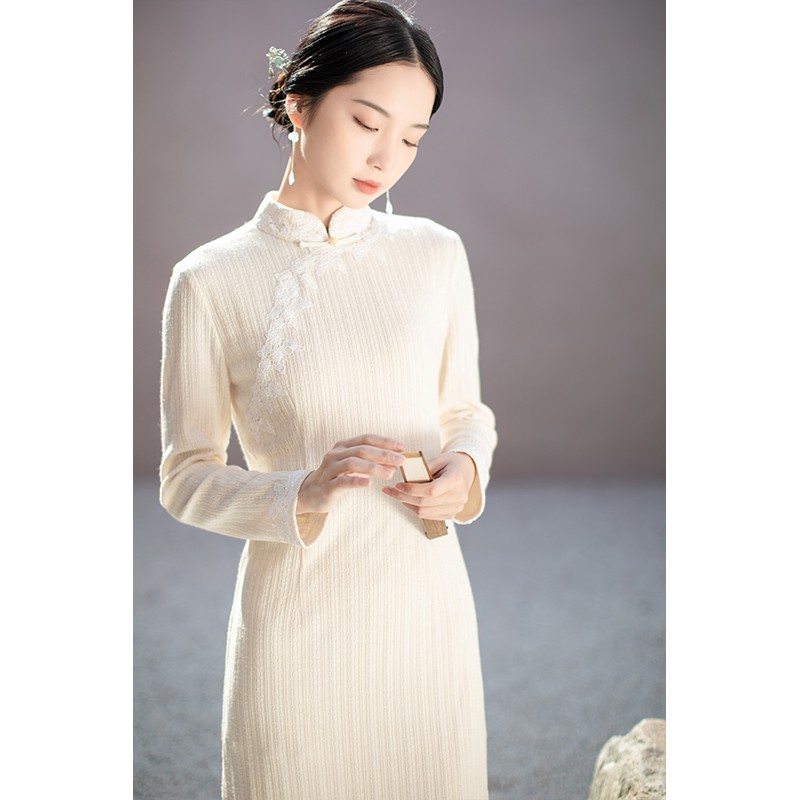 拾白新中式2021春秋针织连衣裙 中国风改良旗袍茶服女修身长裙