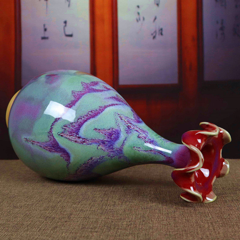 禹州钧瓷花瓶餐厅玄关桌面插花摆件大肚花口玉壶春绿X色窑变玉净