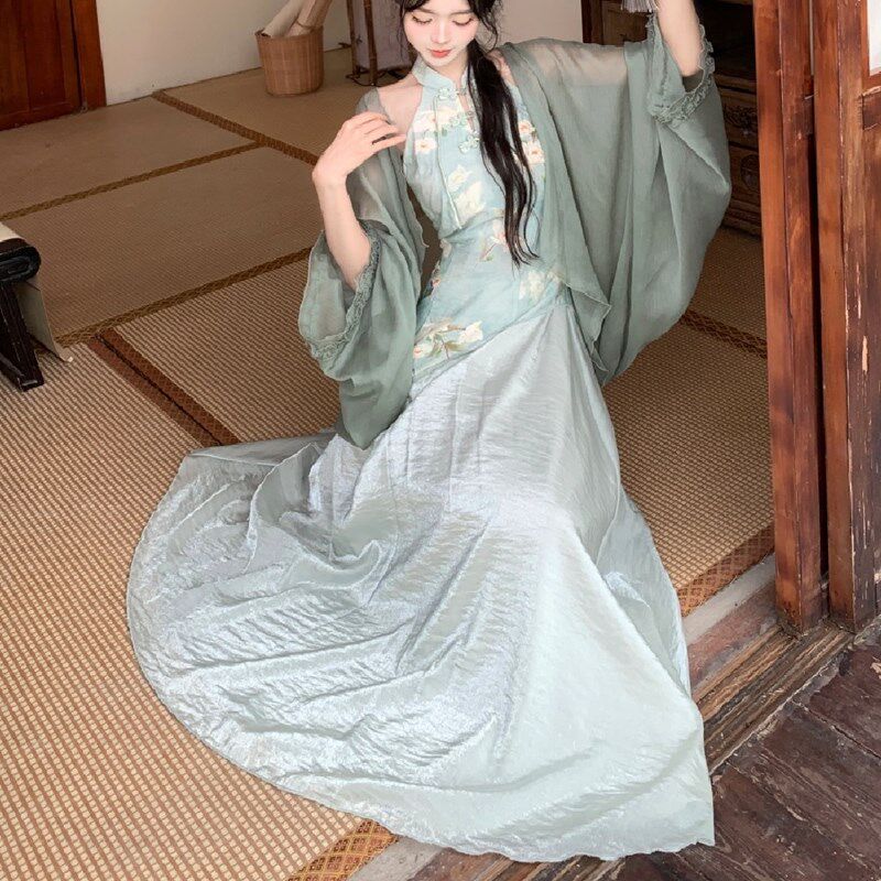 大码胖mm新中式国风绿色无袖挂脖旗袍连衣裙开衫女春夏改良两件套