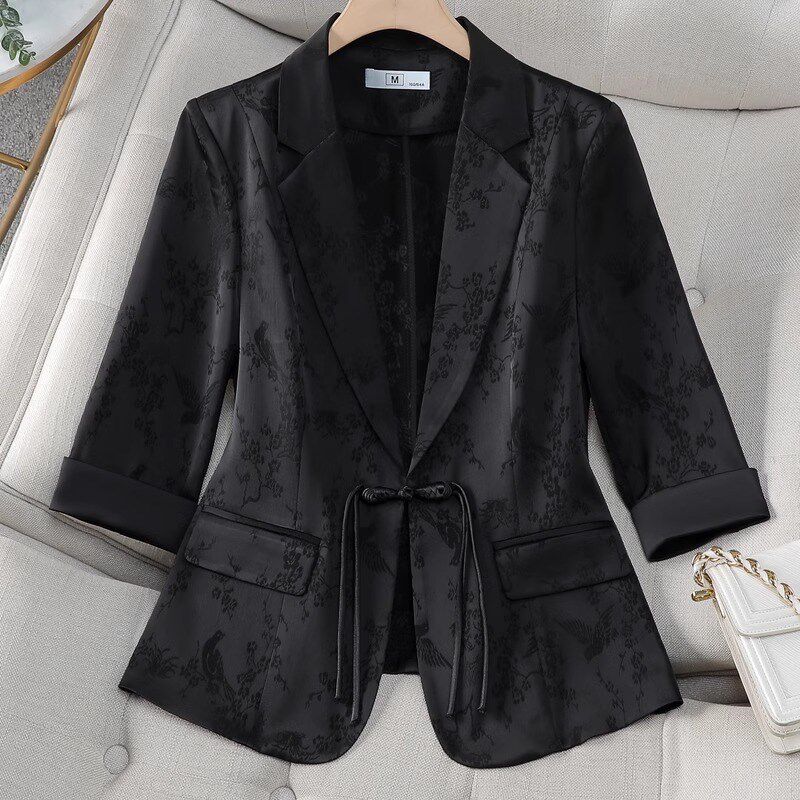 新中式国风黑色西装外套女夏薄款2024新款小个子醋酸缎面休闲西服
