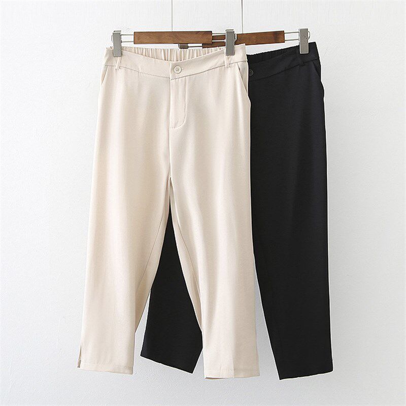 胖妹妹裤子夏大码八分裤薄款后松紧腰韩版宽松直筒开叉休闲西装裤