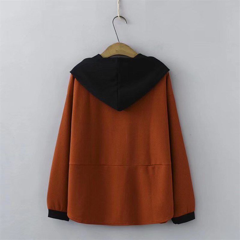 加肥加大码撞色连帽套头衫春秋装中老年洋气妈妈遮肚子卫衣薄外套