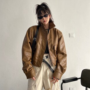 港风复古机车小皮衣夹克外套女 设计感高腰口袋短款 2024新款 爆款