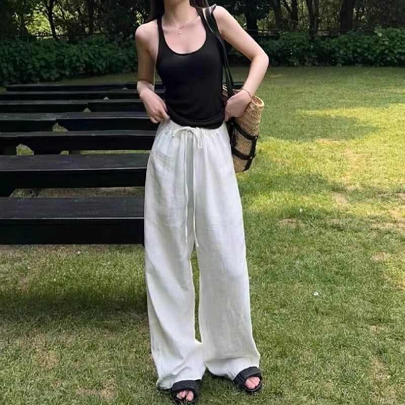 高个子加长白色亚麻阔腿裤女夏季薄款高腰垂感休闲裤松弛感拖地裤
