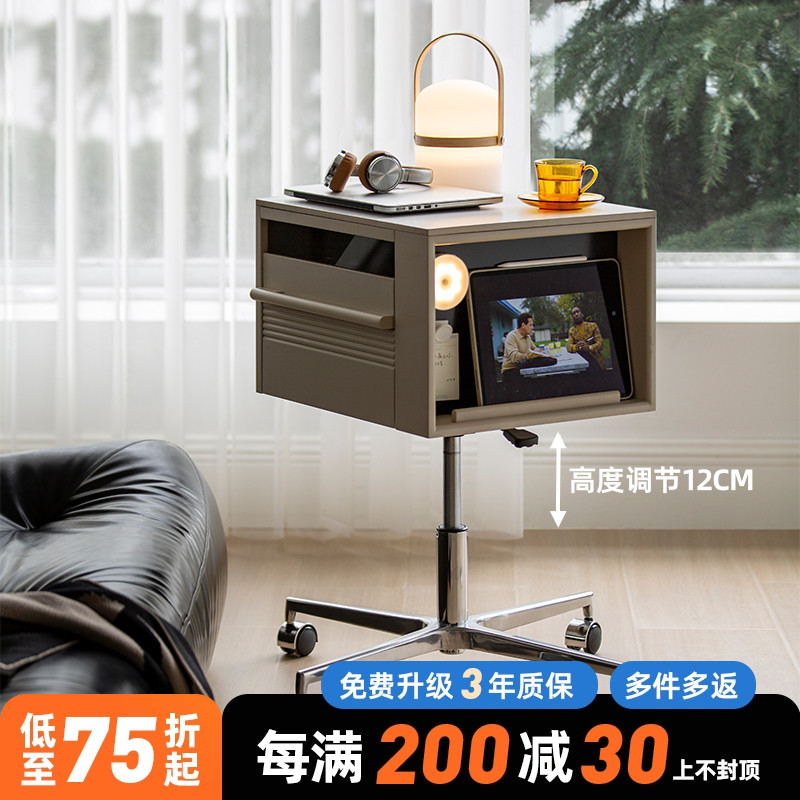 现代简约升降旋转床头柜移动岩板茶几黑胶唱片投影机架沙发边几