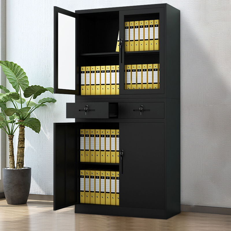 黑色钢制办公室铁皮文件柜带锁小矮柜财务档案资料书柜带抽储物柜