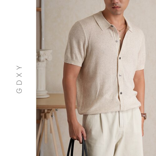 GDXY亚麻凉感男POLO领针织开衫