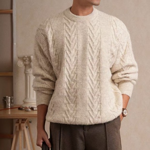秋冬新款麻花纹针织衫男圆领套头毛衣宽松慵懒老钱风百搭休闲上衣