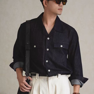 复古风古巴领牛仔衬衫男长袖双口袋宽松百搭休闲衬衣