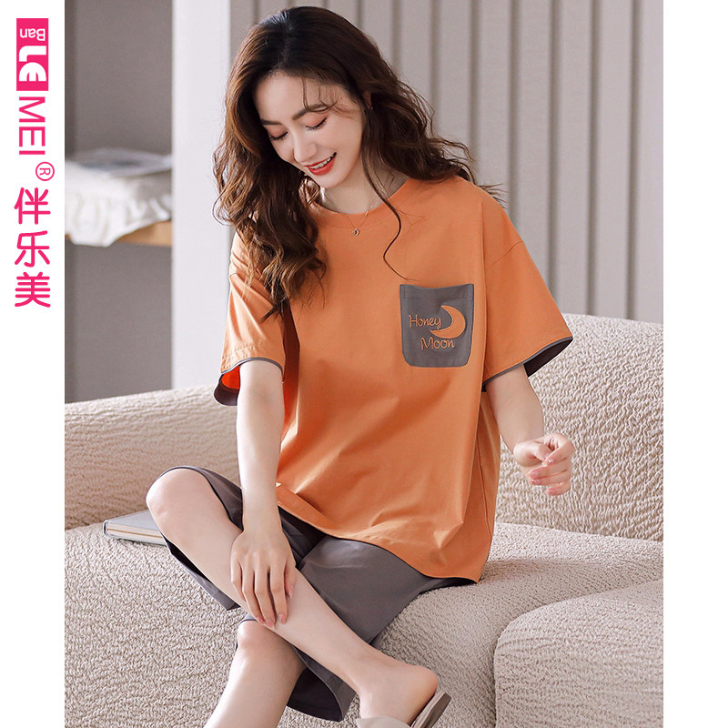 带胸垫睡衣女夏季纯棉家居服夏天薄款短袖七分裤两件套装可出门