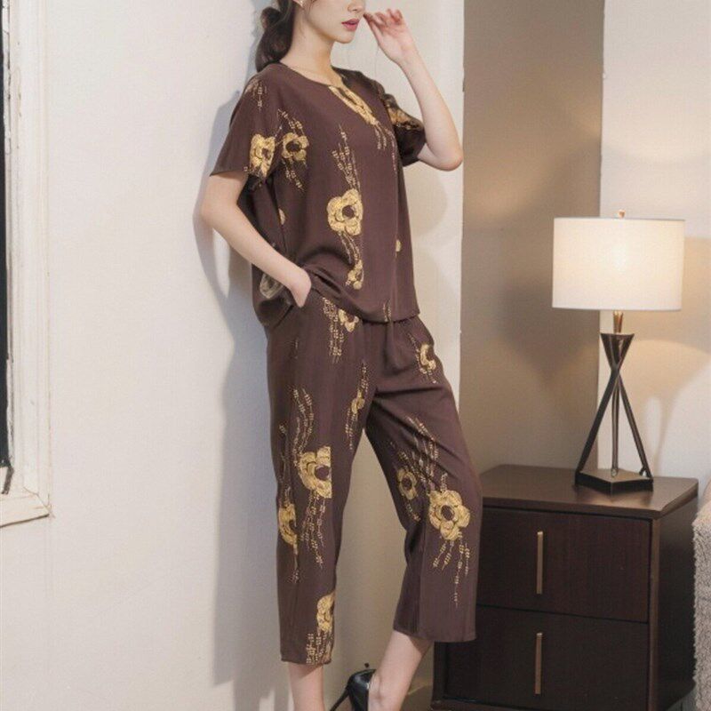棉绸睡衣女时尚中年妈妈夏装薄款七分裤短袖绵绸套装印花宽松显瘦