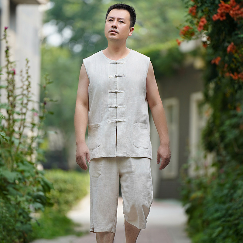 中国风棉麻唐装男马甲套装夏薄款宽松休闲汗衫坎肩中老年短裤背心