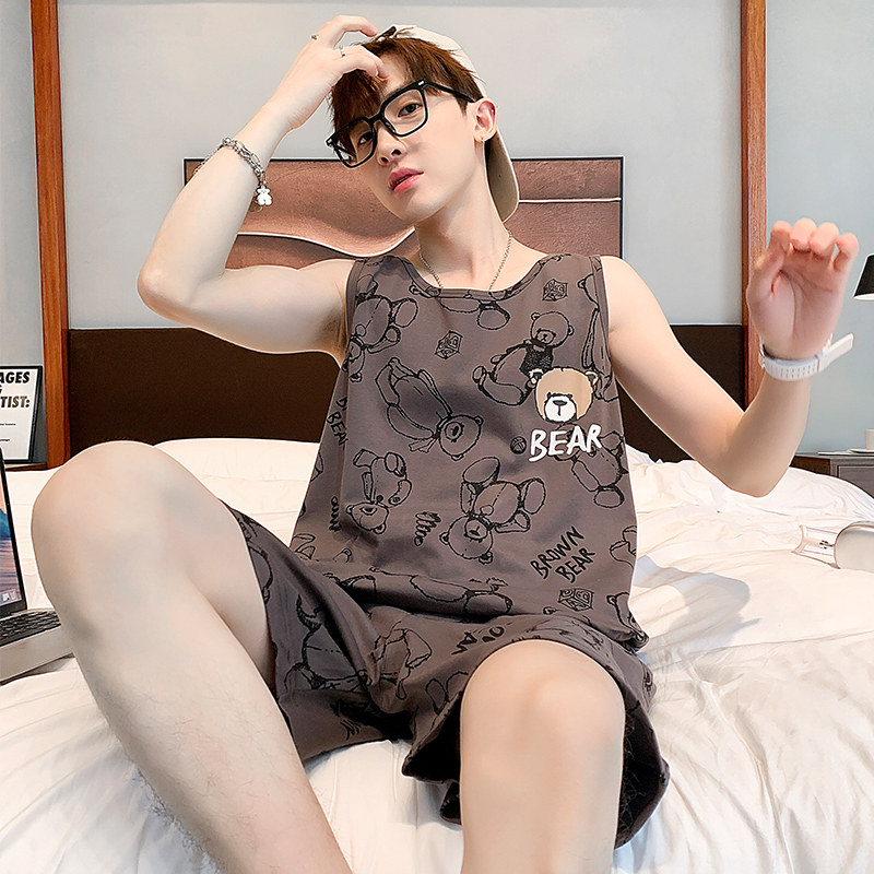 男士睡衣纯棉背心卡通大码男款青少年大童无袖短裤夏季家居服套装