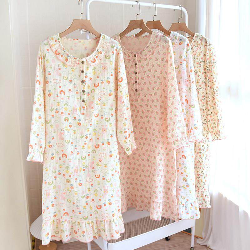 睡裙女长袖春秋夏季纯棉双层纱布家居连衣裙大码薄款全棉长裙浴袍