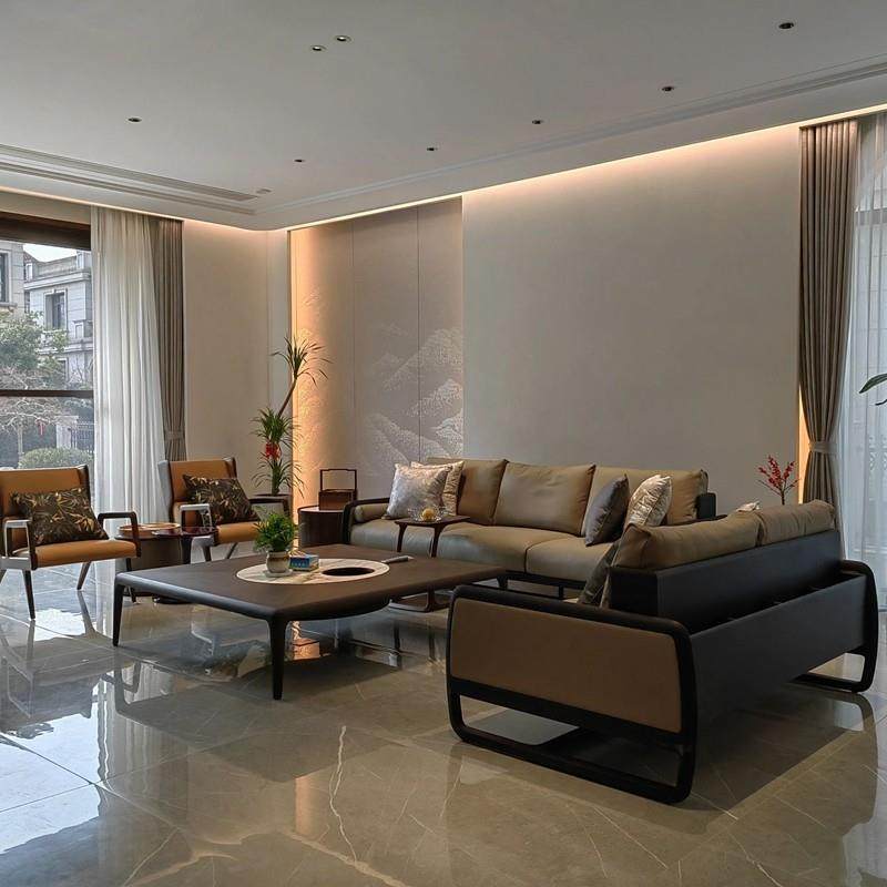 新中式北美黑胡桃木沙发 现代极简意式轻奢真皮123组合实木家具