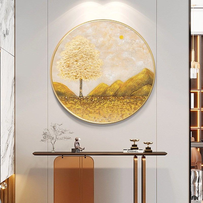 发财树圆形入户玄关装饰画大芬村纯手绘肌理餐厅油画走廊过道挂画