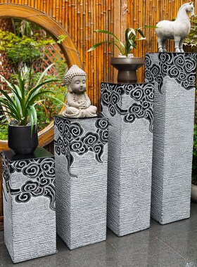 中式茶室客厅玄关家居装饰祥云柱摆件国风创意落地仿石柱花架底座