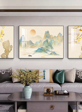 新中式客厅装饰画沙发背景墙三联挂画幸福锦程高级感墙面装饰壁画