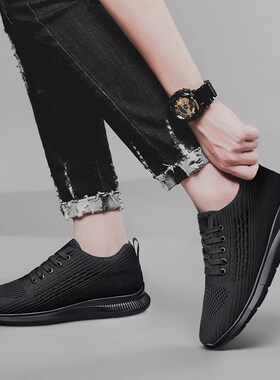 增高鞋男10cgm夏季休闲运动鞋隐形内增高8cm6cm跑步鞋黑色飞织软