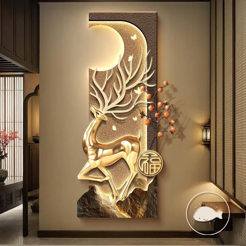 轻奢高级感入户门玄关装饰画福鹿临门走廊过道挂画客厅福字壁灯画