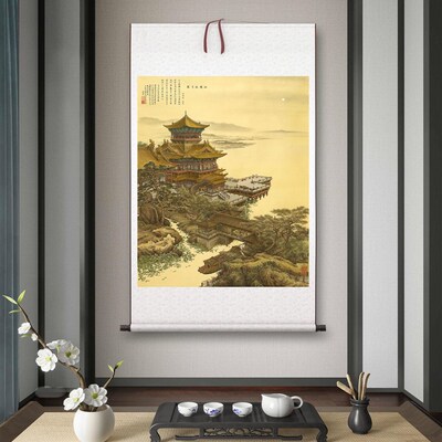 张孝友《江楼月夜图》客厅书房茶室装饰画挂画玄关水墨高清挂轴