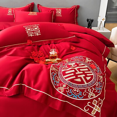 中式红色婚庆喜被四件套结婚高档婚纯棉全棉被套婚床陪嫁床上用品