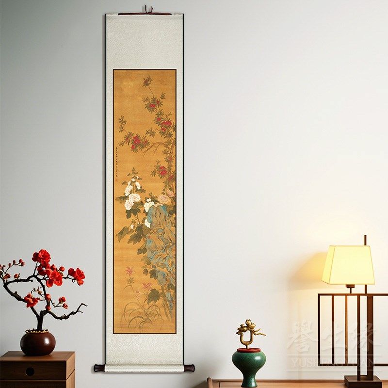 陆治石榴花鸟国画卷轴挂画玄关竖版长条画客餐厅茶室书房装饰画