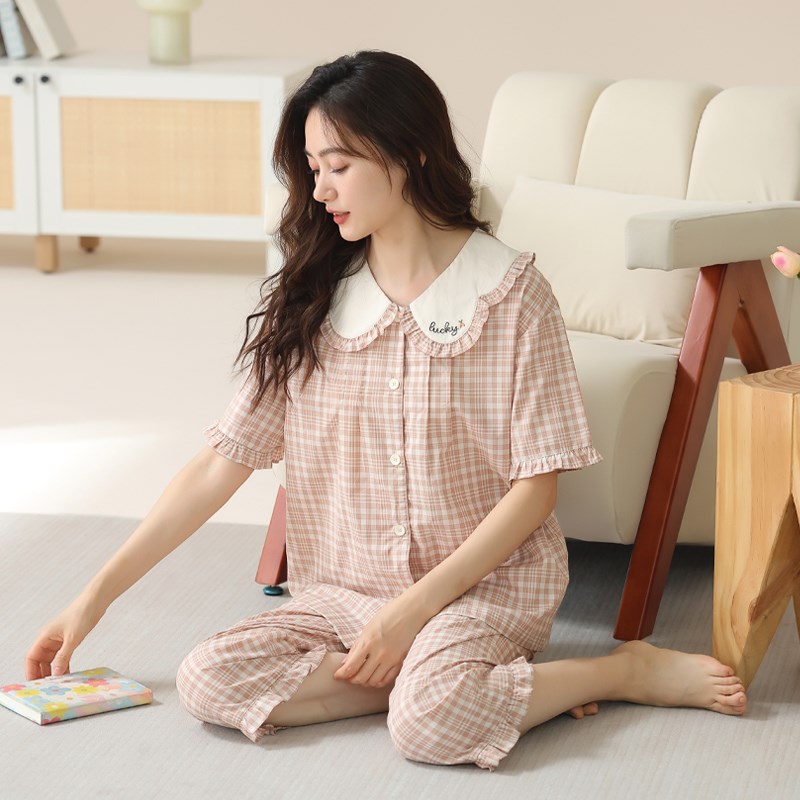 梭织纯棉纱布睡衣女夏季薄款开衫短袖七分裤2025年新款家居服套装