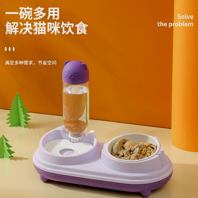 现货宠物碗陶瓷碗猫碗 高脚护颈猫头宠物饮水喂食双碗带水瓶