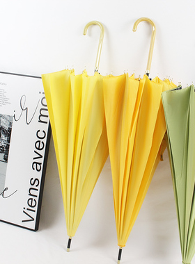 韩版黄色长柄雨伞k糖果色16骨弯钩纯色直杆抗风小清新黄伞男女长