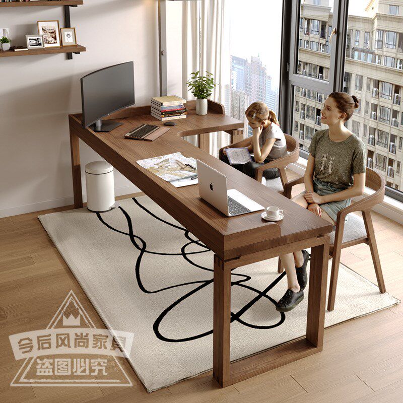 美式全实木转角双人书桌工作台7七字型靠J窗办公桌电脑桌l型大板