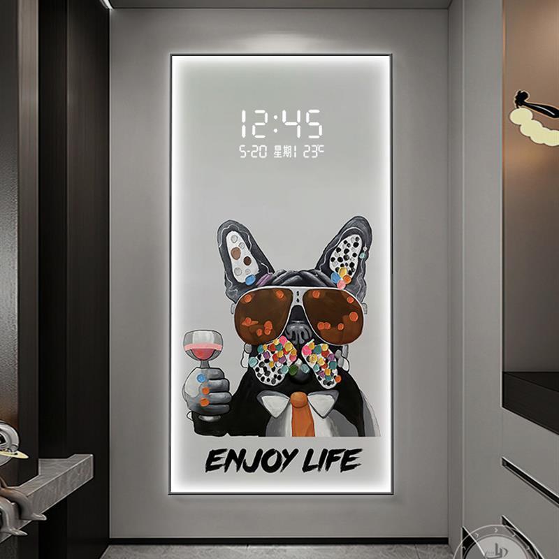 电子钟表玄关装饰画法斗猩猩数显时钟挂画动物狗客厅走廊带灯壁画