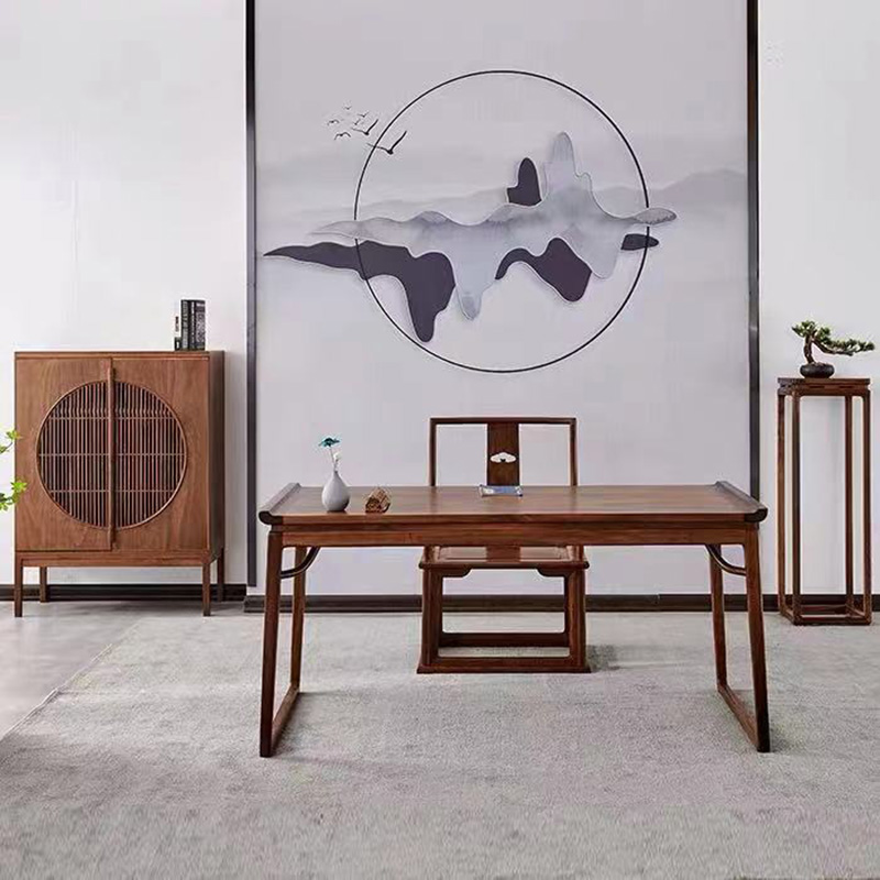 新中式书法桌黑胡桃木禅意书桌椅全实木画案N简约写字台老榆木家