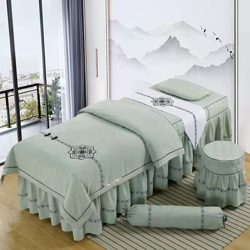 美容床罩四件套色织麻按s摩理疗床套奢华洗头床罩四件套定做红