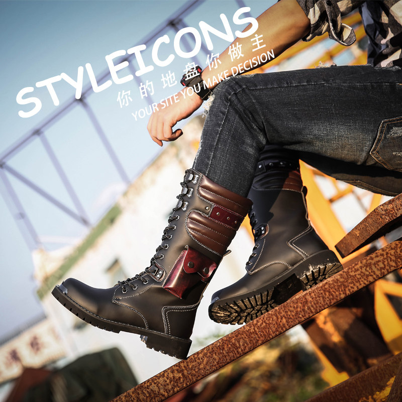内增高男靴高筒马靴长靴r工装靴男士大头皮靴防水大码长筒马丁靴