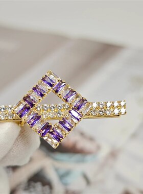 2023新款精美法式一字夹高级感方形设计紫白镶嵌锆石发夹精美配饰