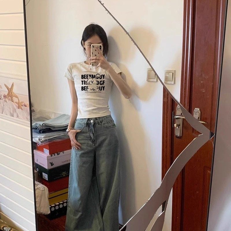 纯棉插肩袖女t恤夏季修身短袖2024新款短款小个子上衣设计感小众