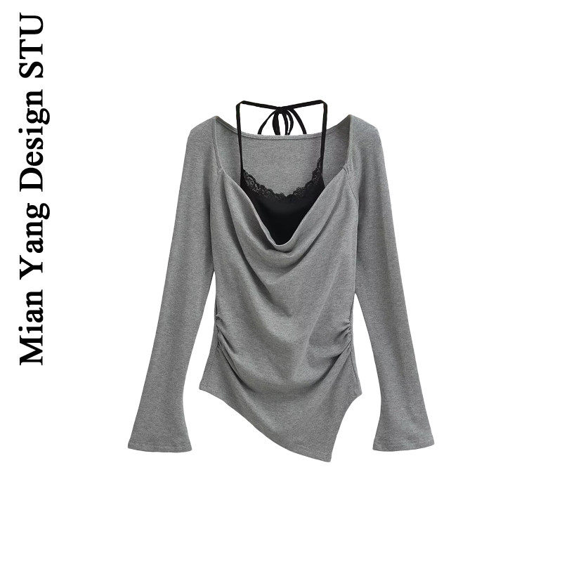 棉洋纯欲蕾丝吊带背心不规则褶皱T恤衫两件套辣妹挂脖荡领T恤上衣