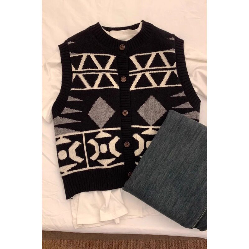 叠穿复古拼色春秋外搭马甲女2024早春新款学院风开衫圆领针织背心