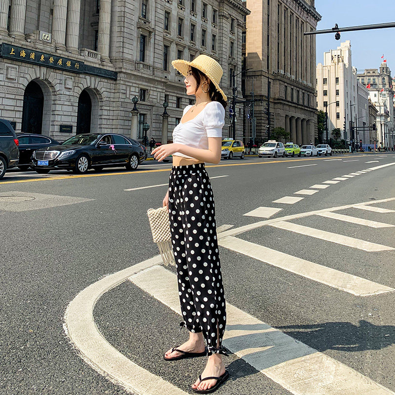 冰丝裤子女夏薄款2025大码胖mm圆点碎花仙女凉凉束脚防蚊灯笼裤