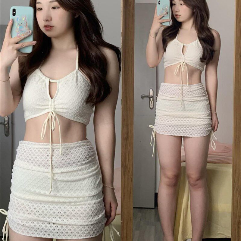 微胖MM海边度假风时尚套装夏季短款抹胸挂脖吊带+半身短裙两件套
